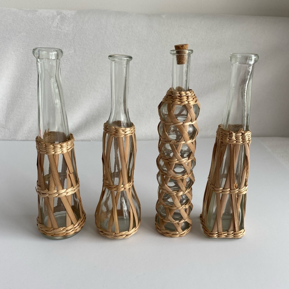 Set Of 4 Wicker Rattan Wrapped Bud Vases Clear Glass Coastal Boho Neutral‎ Decor